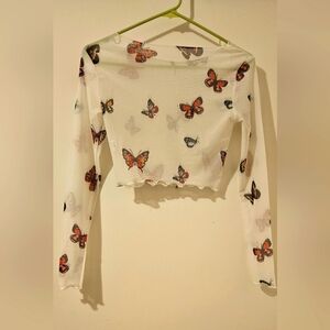 Sheer Butterfly Long Sleeve Crop Top Size XS